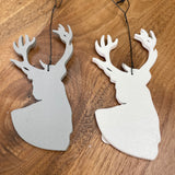 Flat wooden 12x6cm Reindeer tree hanging decoration, light in weight  available in grey & white with wire to hang them up with 