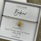 Life Charms Silver Bracelet with Gold Cupcake Charm - "Baker #justbecause Good Things Come To those who bake x"