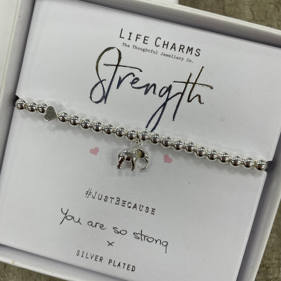 Life Charm Silver Bracelet with dangly elephant charm - reads ‘Strength #justbecause you are so strong x'