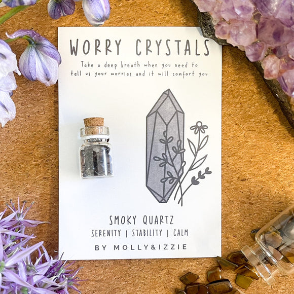 Mini Jar of Worry Crystals by Molly & Izzie Presented on A7 gift card with the following message; Smoky Quartz - Serenity, Stability, Calm 